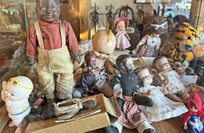 One of Fly Trap’s displays of antique dolls, including one KEWPIE DOLL, with various kinds, styles and ages included.