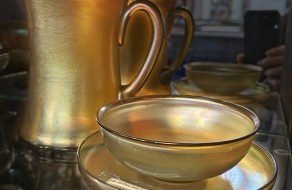 A very rare, old authentic SIGNED golden glass pitcher and bowl, by the famous glass maker TIFFANY.