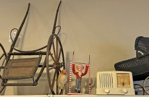 1863 Dog-Goat Sulky with wooden wheels plus doll carriage, clown toy and antique radio